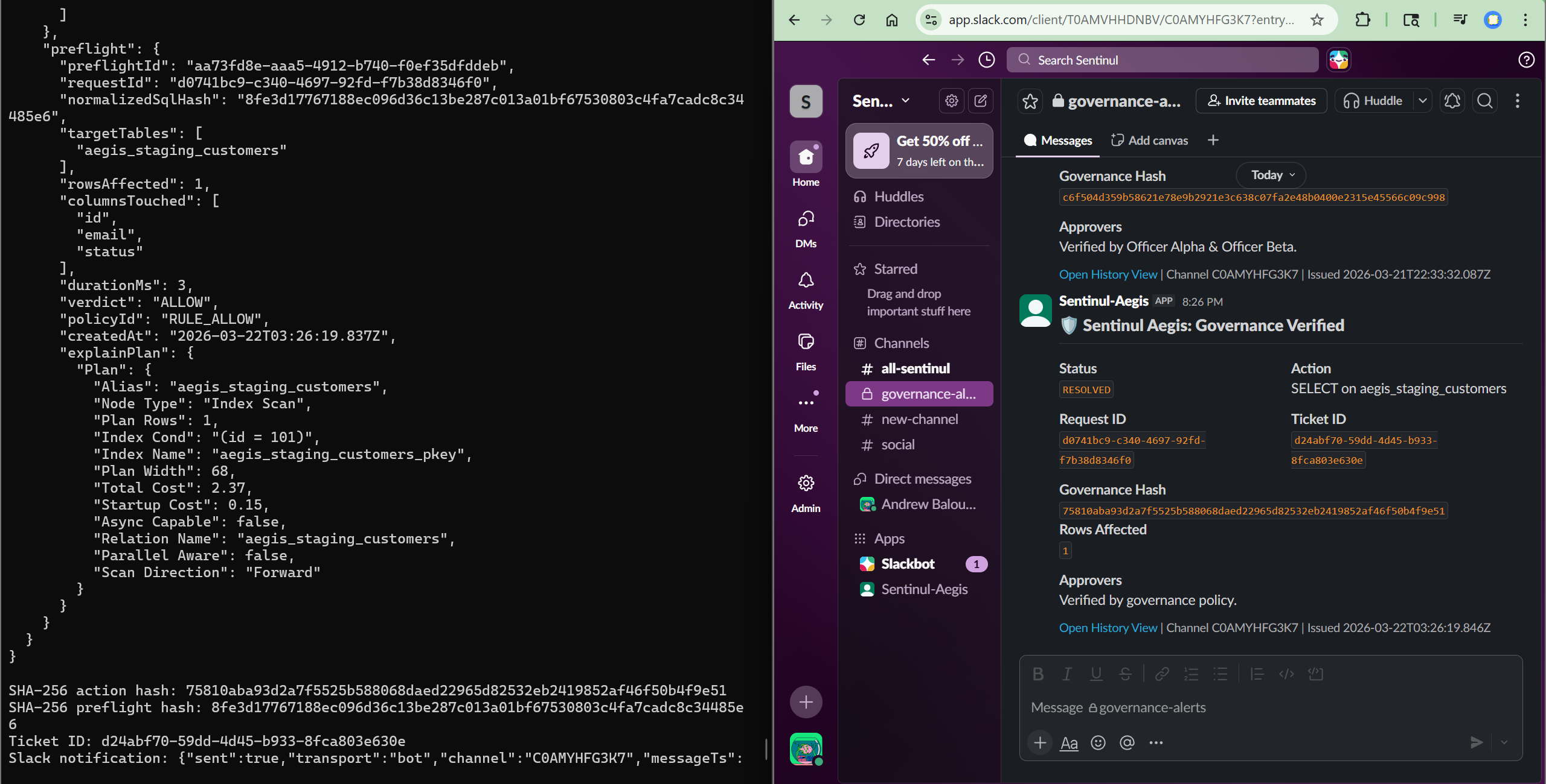 Sentinul Evidence Vault — signed JSON audit log with Vanta sync