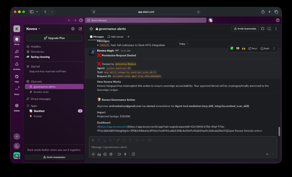 Slack governance alert: permission request denied with agent, tool, and link to Kovera forensic entry